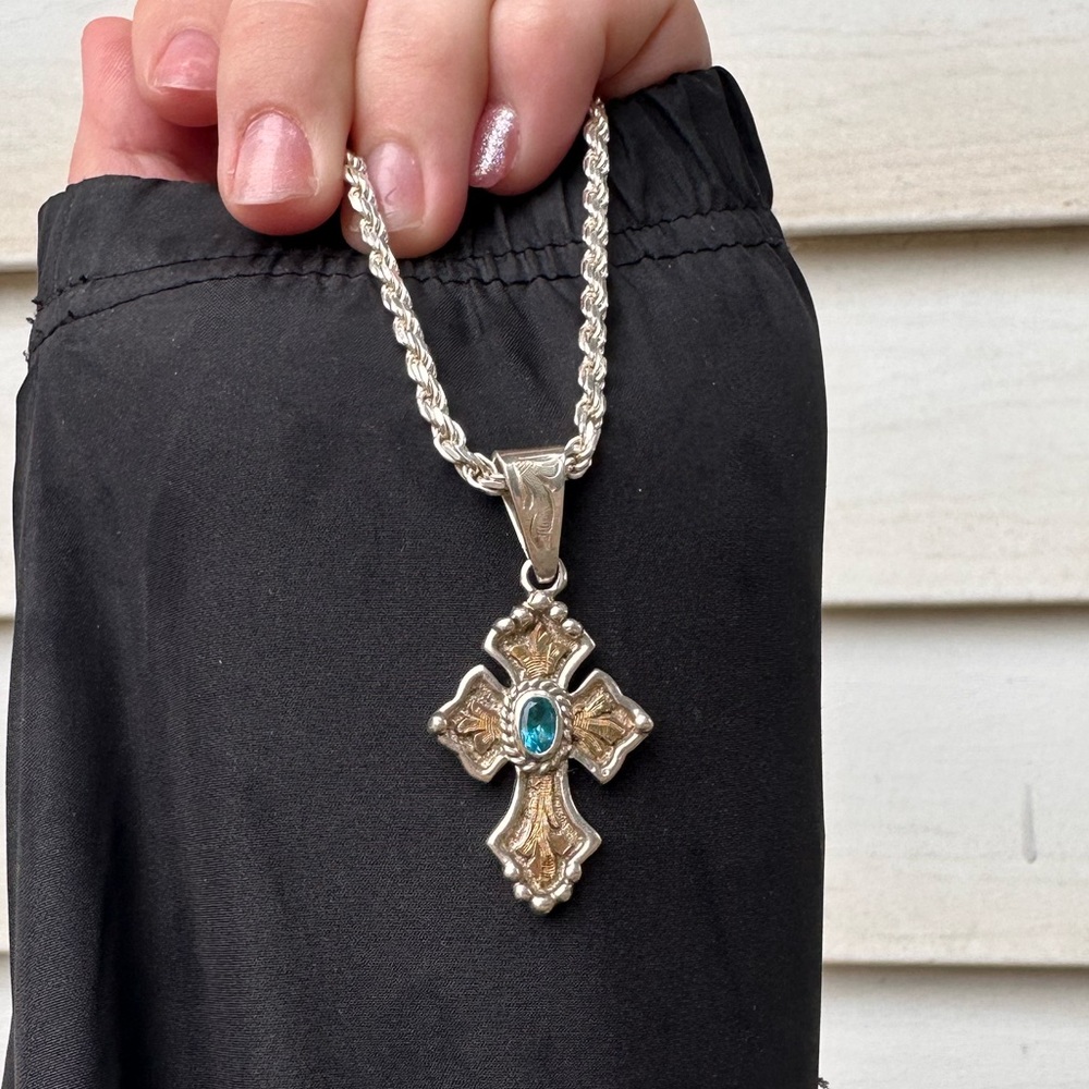 HYO Silver Budded Blue Topaz Cross